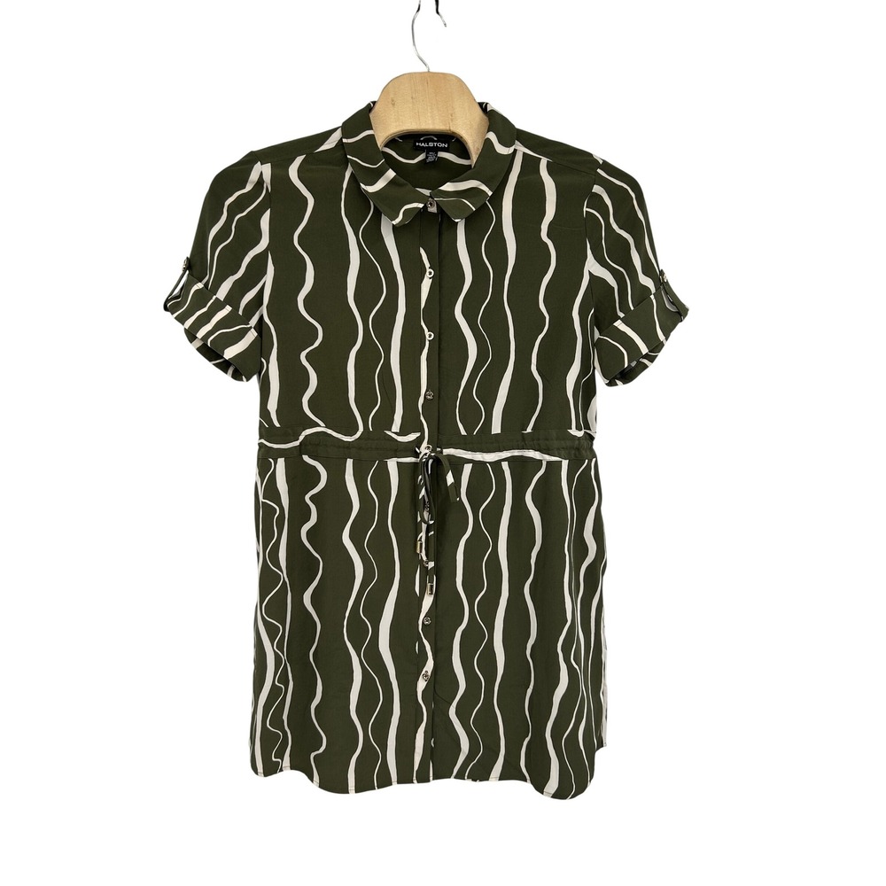 Halston Womens Olive Green Wavy Stripe Button Down Shirt Dress Size XXL
